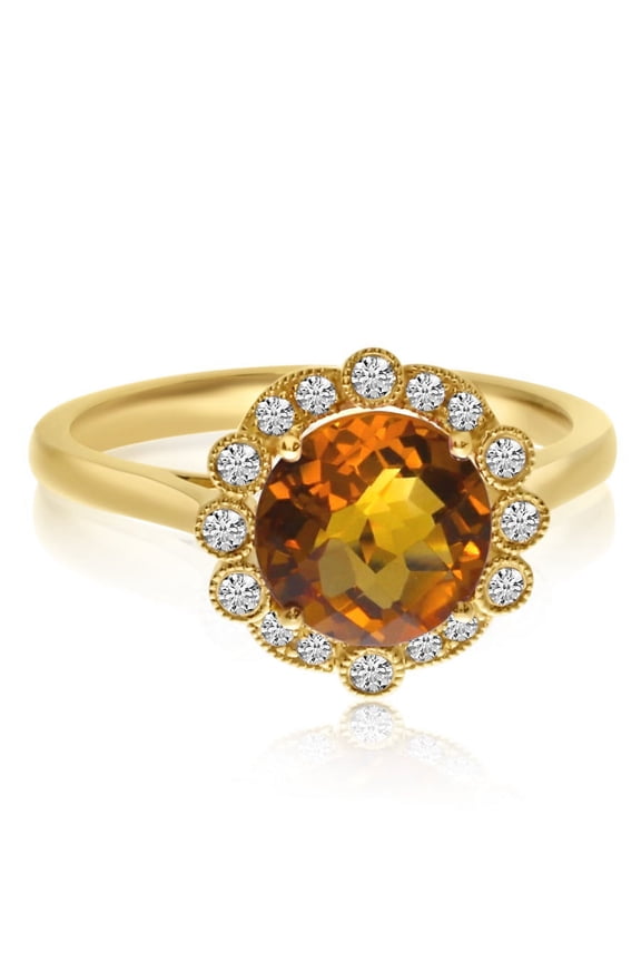 14K Yellow Gold Citrine Beaded Halo Diamond Ring