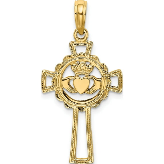 14K Yellow Gold Claddagh Cross Charm (27.4 X 15) Made In United States k8335