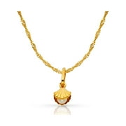IOKA 14K Yellow Gold Clam Shell with Fresh Water Cultured Pearl Charm Pendant with 0.9mm Singapore Chain Necklace - 22"