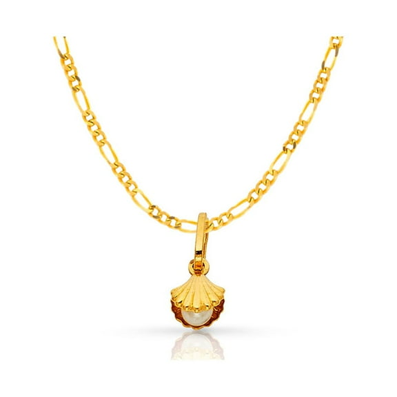 14K Yellow Gold Clam Shell with Fresh Water Cultured Pearl Charm Pendant with 1.2mm Figaro 3+1 Chain Necklace - 16"