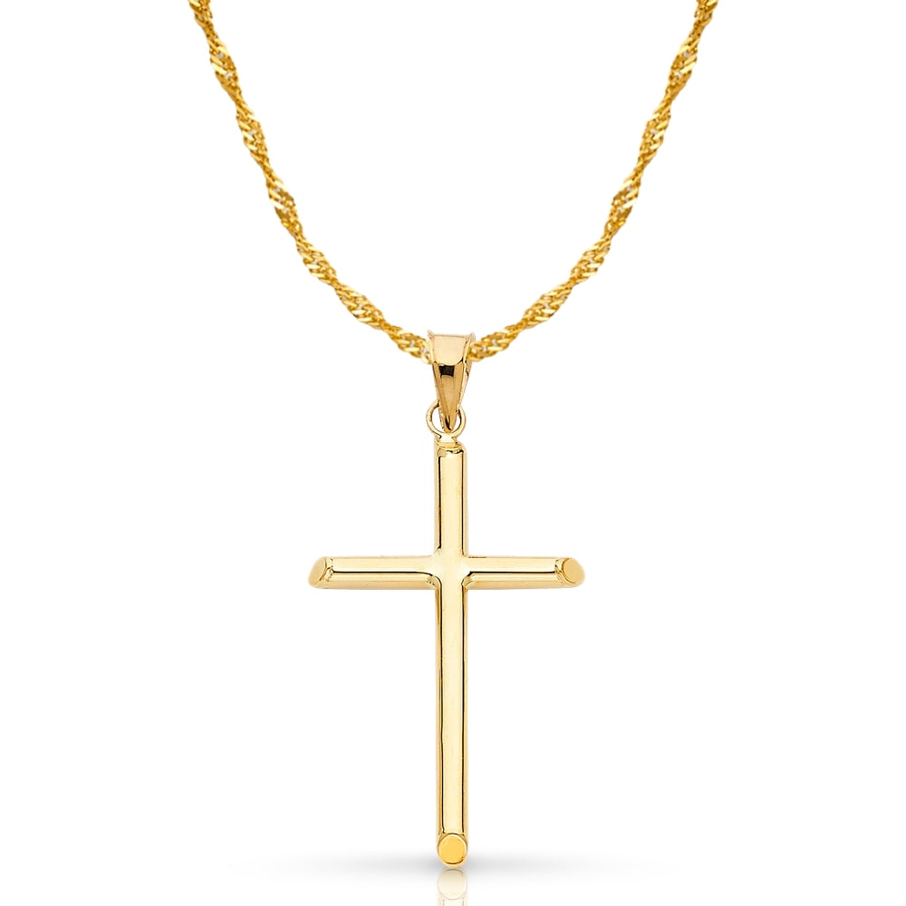 14K Yellow Gold Classic Cross Pendant with 1.2mm Singapore Chain Chain Necklace - 16"