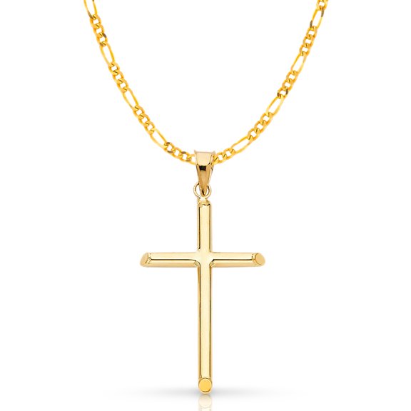 14K Yellow Gold Classic Cross Pendant with 1.9mm Figaro 3+1 Chain Chain Necklace - 16"