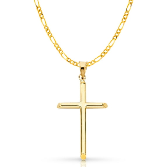 14K Yellow Gold Classic Cross Pendant with 2.3mm Figaro 3+1 Chain Chain Necklace - 22"