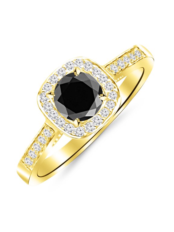 14K Yellow Gold Classic Square Halo Single Row Pave Set Diamond Engaement Ring with a 3 Carat Black Diamond Heirloom Quality Center