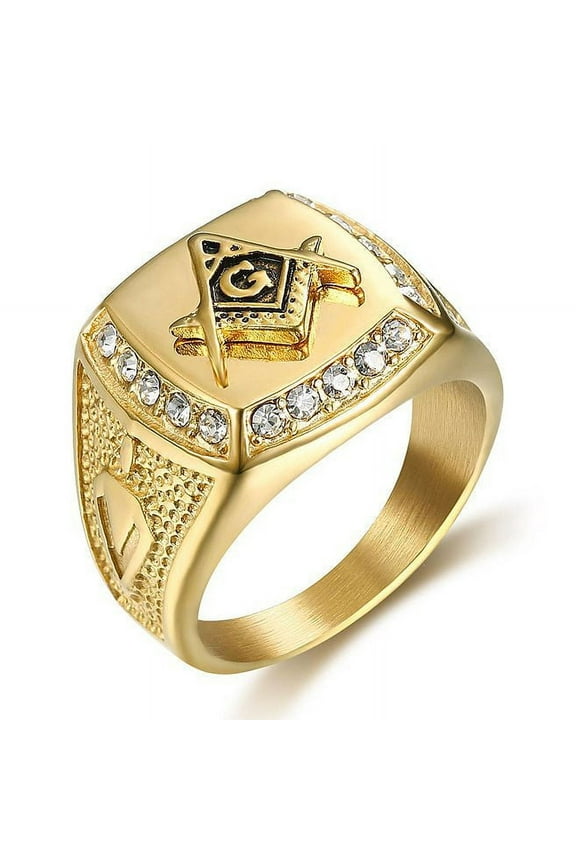 14K Yellow Gold Coolen Gold Color Freemason Ring Men Hip Hop Iced Out Bling Crystal Masonic Rings Fashion Jewelry