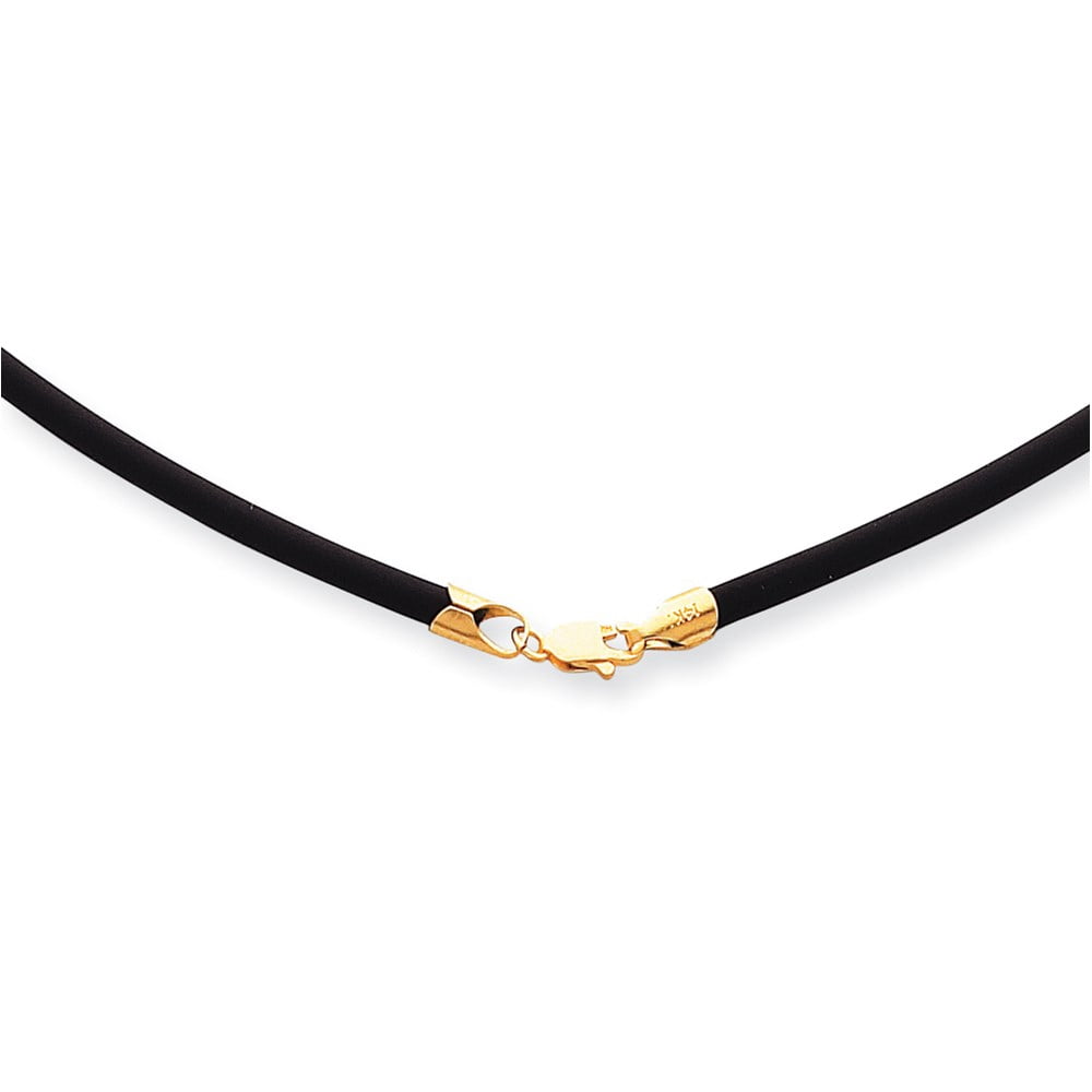 14K Yellow Gold Cord & Leather Chain Necklace 2 mm with Clasp Black Rubber 16 inch