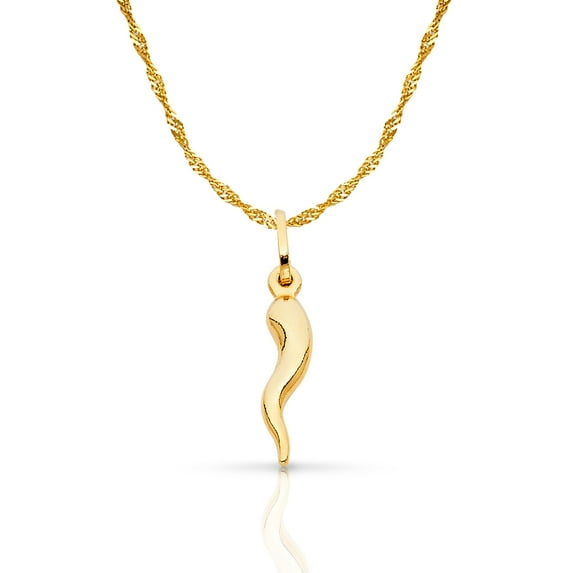 14K Yellow Gold Cornicello Italian Horn Fortune Charm Pendant with 1.2mm Singapore Chain Necklace