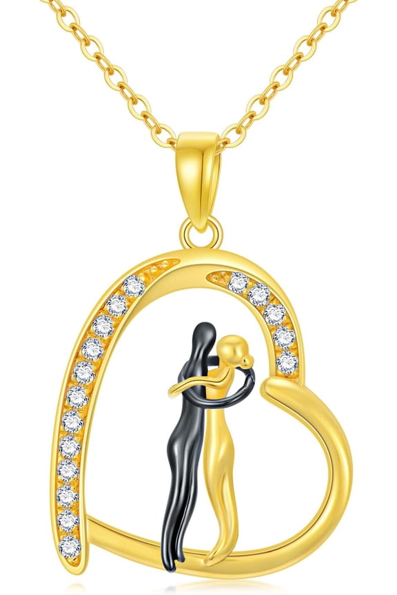14K Yellow Gold Couples Hug Pendant Necklace for Women, Lovers Jewelry, Romantic Gift for Her