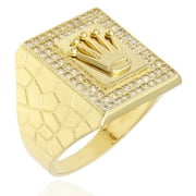 WJD EXCLUSIVES 14K Yellow Gold Created Diamond Pave Crown Signet Mens Ring