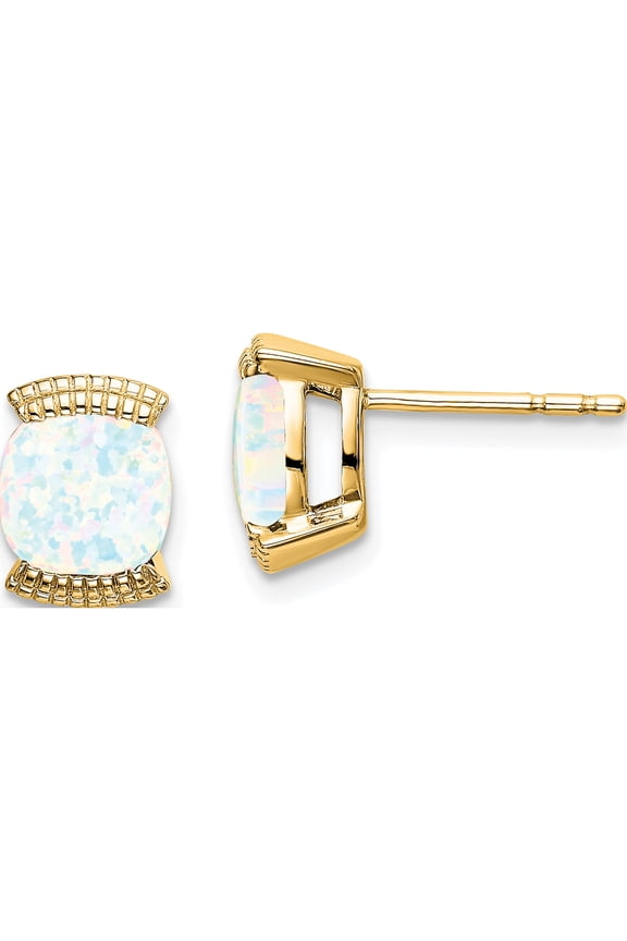 14K Yellow Gold Created Opal Post Earrings (Width 6) (Length 8.4) - Jbsp