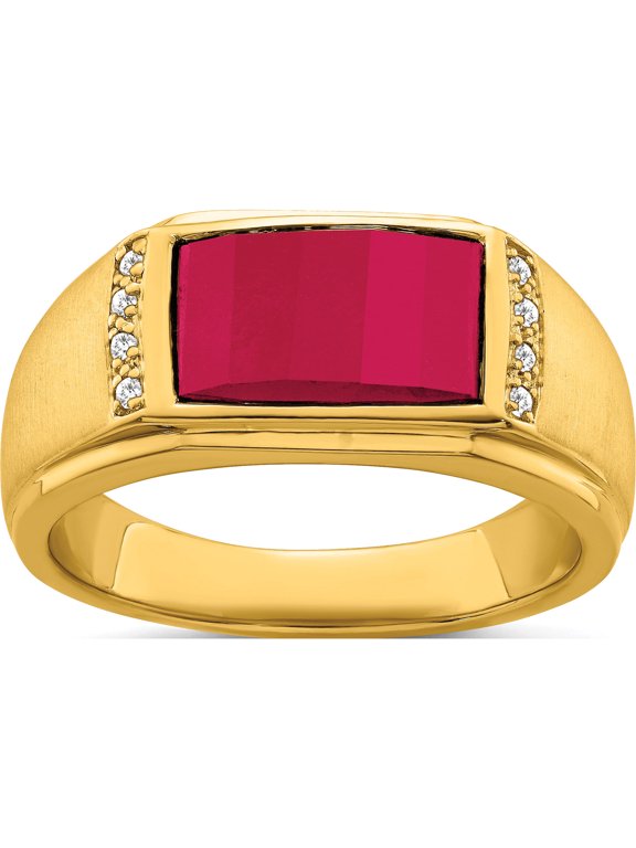 14K Yellow Gold IB Goodman 14K 12x8 Barrel Lab-Created Ruby and 1/15 carat Diamond Mens Ring