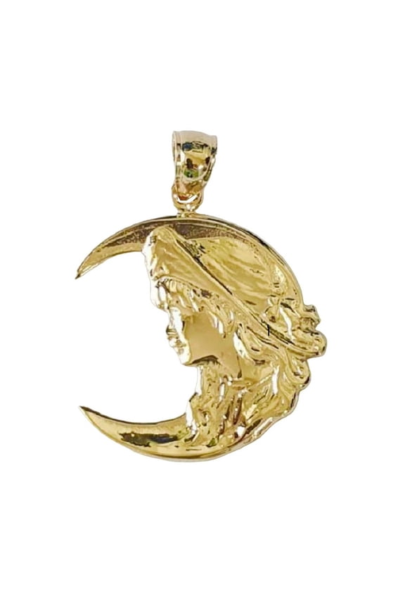 14K Yellow Gold Crescent Moon with Lady Pendant