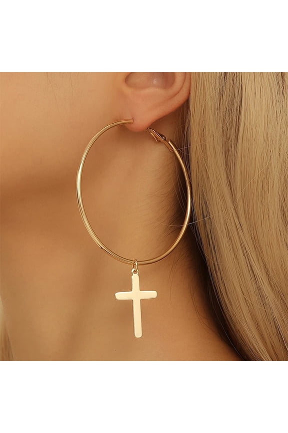 14K Yellow Gold Cross Big Circle Hoop Earrings Set Simple Style For Women Party Jewelry Gift