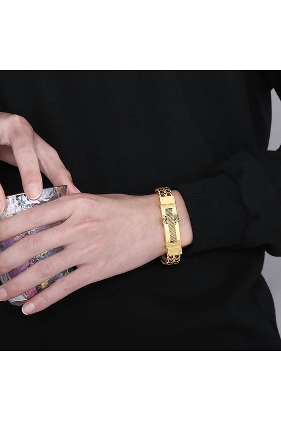 14K Yellow Gold Cross Bracelets for Men Cool Men's Bracelet With Magnet Clasp Christian Male Jewelry Engraveable