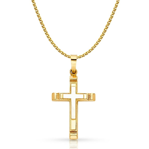 14K Yellow Gold Cross Charm Pendant with 1.4mm Flat Open Wheat Chain Necklace - 22"