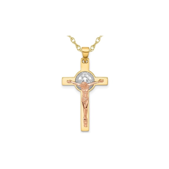 14K Yellow Gold Cross Crucifix and St Benedict Pendant Necklace with Chain