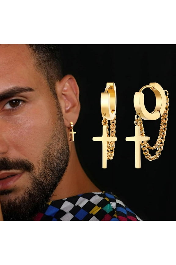14K Yellow Gold Cross Double Chain Huggie Hoops Earring Pair for Men Women Earrings