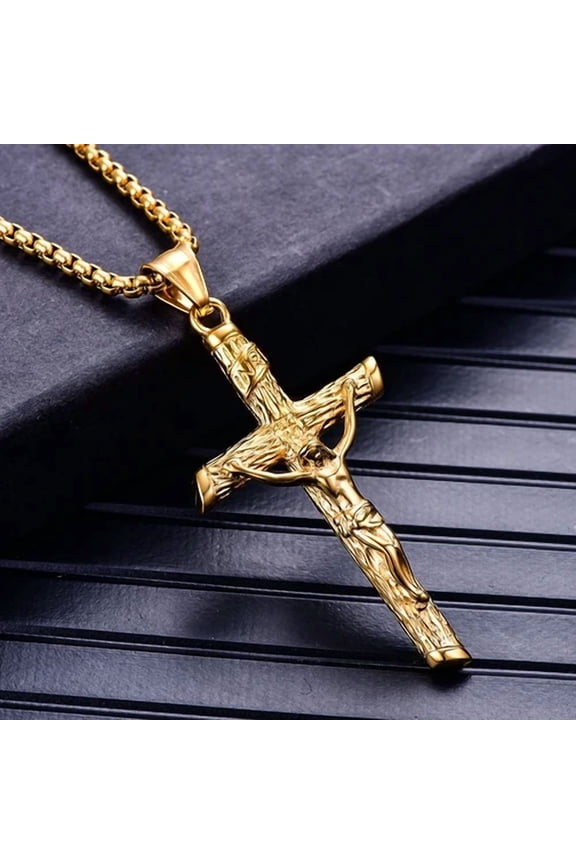 14K Yellow Gold Cross Jesus Christ Human Pendant Hip Hop Collar Chain Necklace for Women Men Gift Fashion Jewel