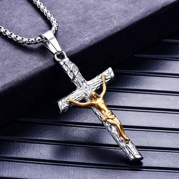 14K Yellow Gold Cross Jesus Christ Human Pendant Hip Hop Collar Chain Necklace for Women Men Gift Fashion Jewel