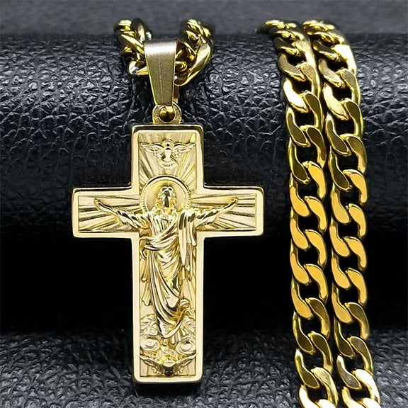 14K Yellow Gold Cross Jesus Pendant Necklace for Men Golden Color Hip Hop Cuban Chain Religious Crucifix Necklaces Jewelry