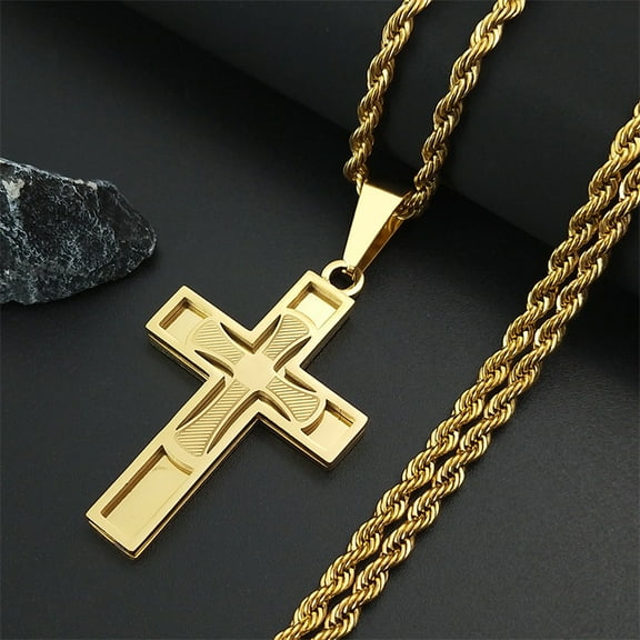 14K Yellow Gold Cross Necklace Men For Jesus Chain Pendant Protect Jewelry Religion Accessories Male