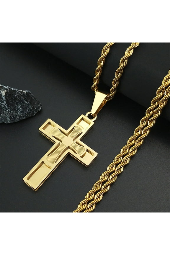 14K Yellow Gold Cross Necklace Men For Jesus Chain Pendant Protect Jewelry Religion Accessories Male