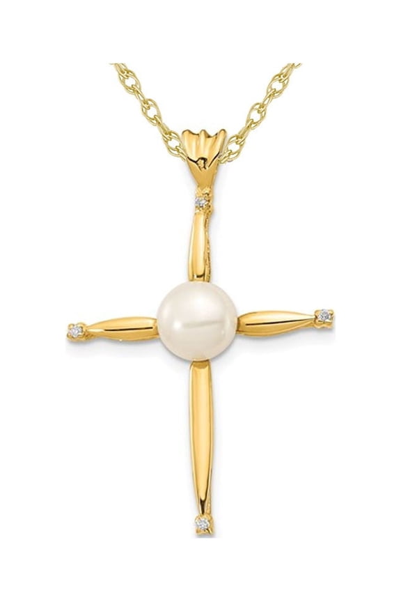 14K Yellow Gold Cross Pendant Necklace with Freshwater Cultured Pearl