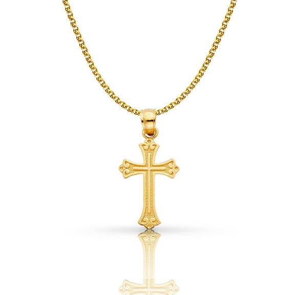 14K Yellow Gold Cross Pendant with 1.4mm Flat Open Wheat Chain Chain Necklace - 24"