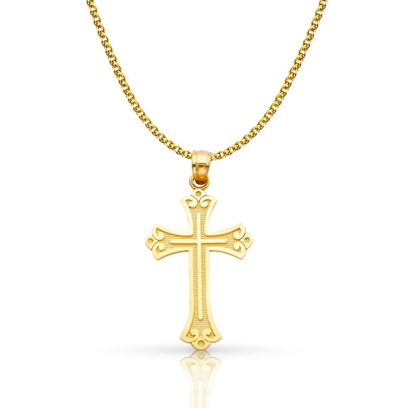 14K Yellow Gold Cross Pendant with 1.4mm Flat Open Wheat Chain Chain Necklace - 24"