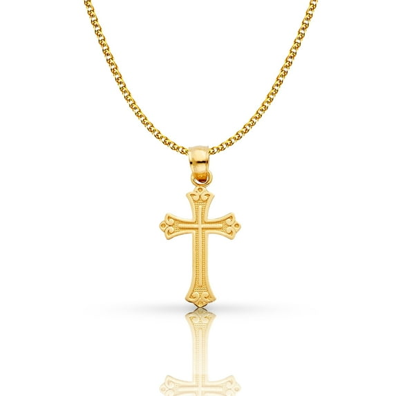 14K Yellow Gold Cross Pendant with 1.4mm Flat Open Wheat Chain Chain Necklace