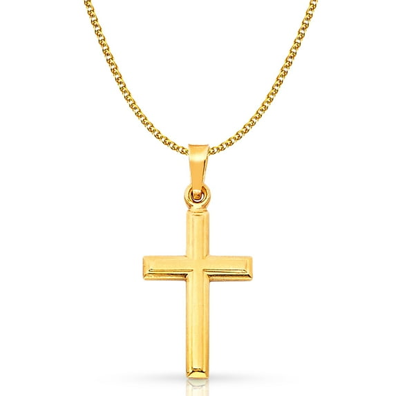 14K Yellow Gold Cross Pendant with 1.7mm Flat Open Wheat Chain Chain Necklace - 16"