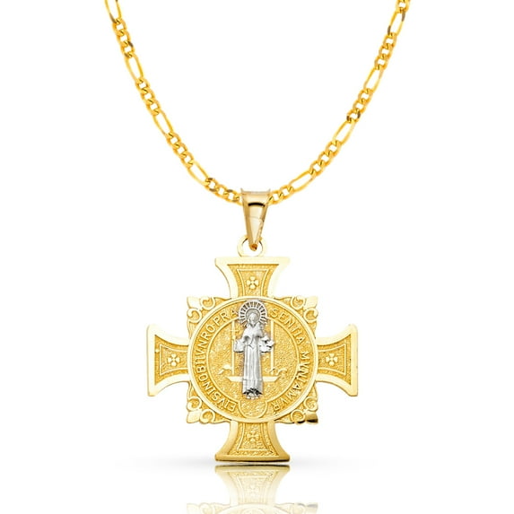 14K Yellow Gold Cross Pendant with 1.9mm Figaro 3+1 Chain Chain Necklace - 22"