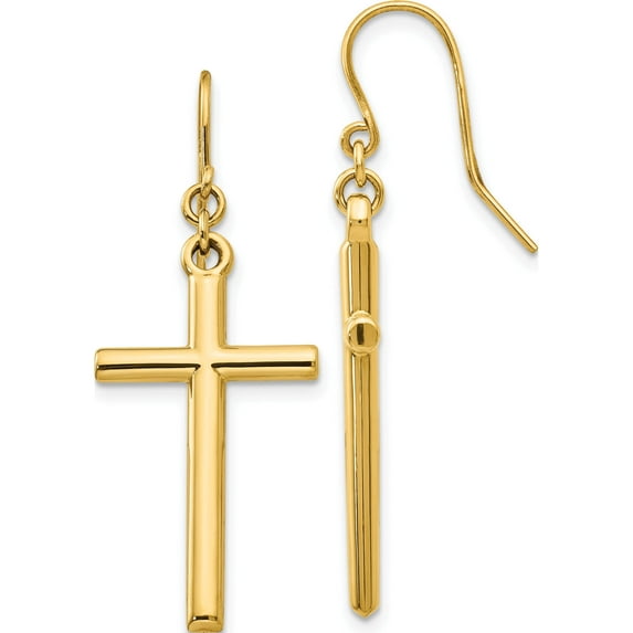 14K Yellow Gold Cross Shepherd Hook Dangle Earrings (36 X 14) Made In Indonesia h1087