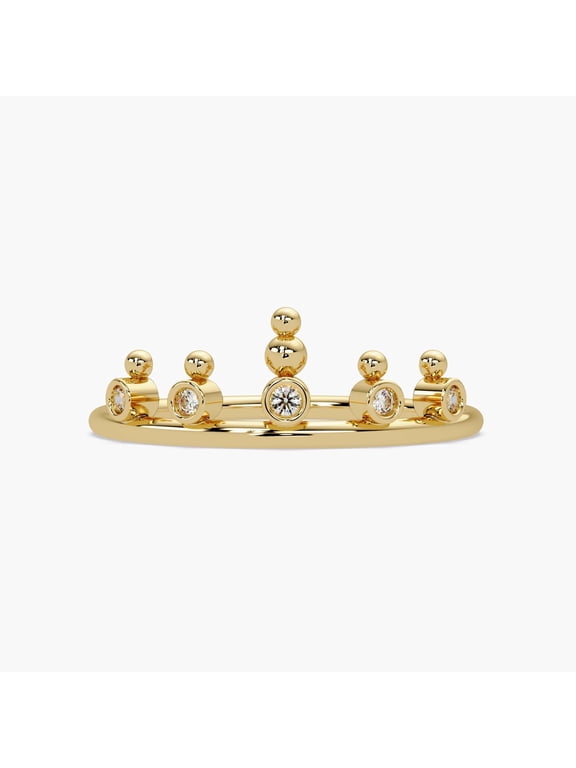 14K Yellow Gold Crown Diamond Ring, Bezel Tiara Band with Round Real Diamonds, Dainty Minimalist Stacking Ring Gift for Her
