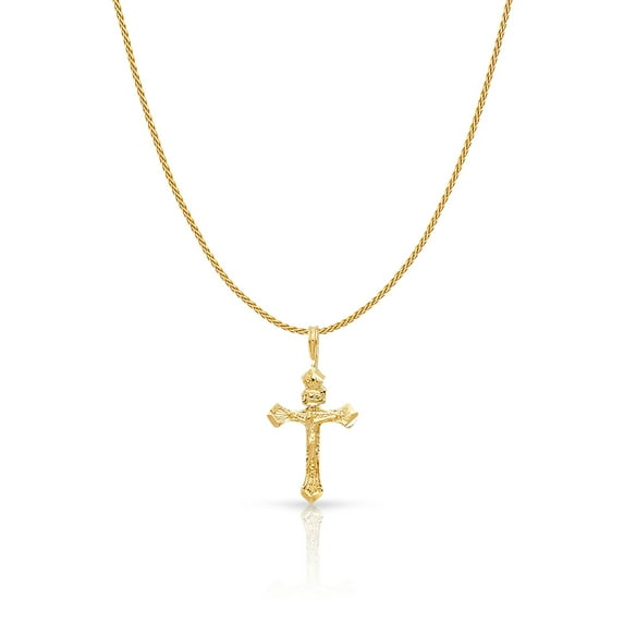 14K Yellow Gold Crucifix Charm Pendant with 0.9mm Wheat Chain Necklace - 16"
