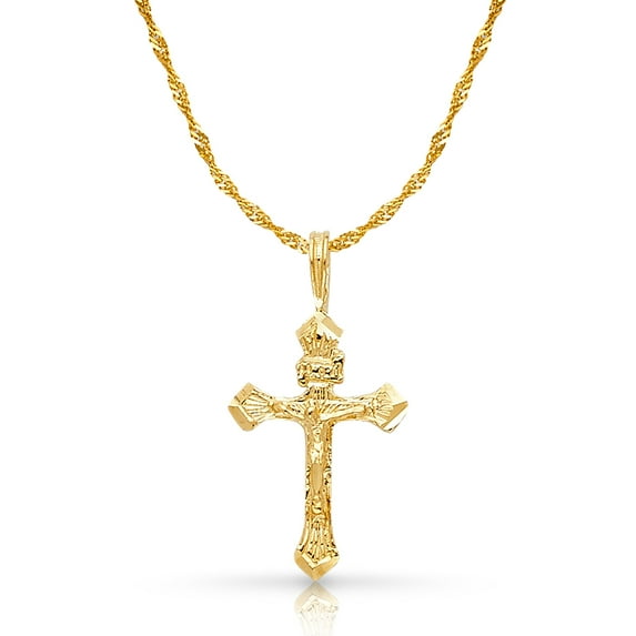 14K Yellow Gold Crucifix Charm Pendant with 1.2mm Singapore Chain Necklace - 16"