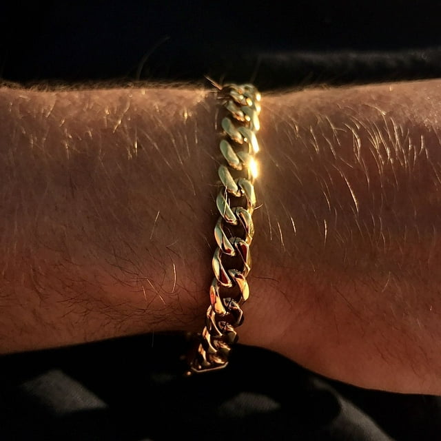 14K Yellow Gold Cuban Chain Bracelets for Men,Miami Curb Link Chain Wristband,Classic Punk Jewelry