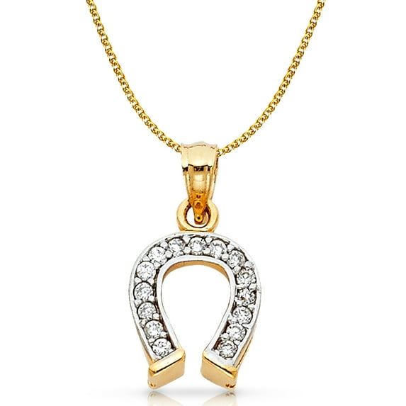 14K Yellow Gold Cubic Zirconia CZ Lucky Horseshoe Charm Pendant with 1.4mm Flat Open Wheat Chain Necklace - 16"