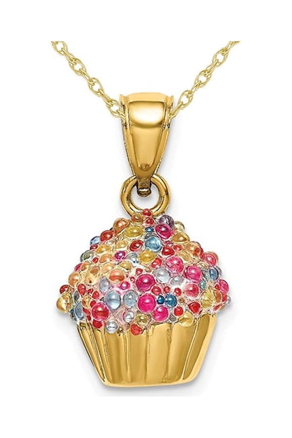 14K Yellow Gold Cupcake Charm Pendant Necklace with Colored Bead Icing and Chain