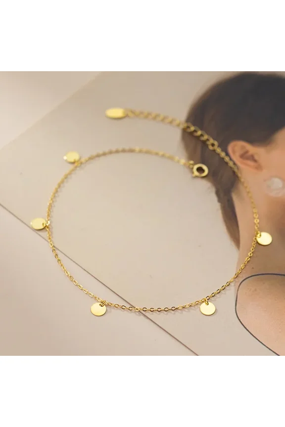 14K Yellow Gold Cute Glossy Small Round Disc Anklet For Women Personality Korean Fashion Foot Leg Jewelry Gift