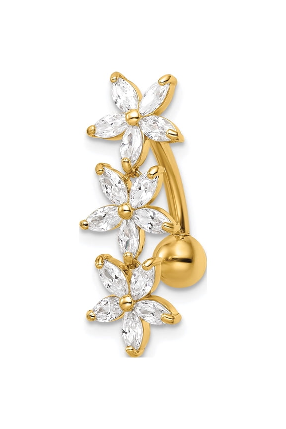 14K Yellow Gold 14 Gauge CZ 3-Flowers Dangle Belly Ring