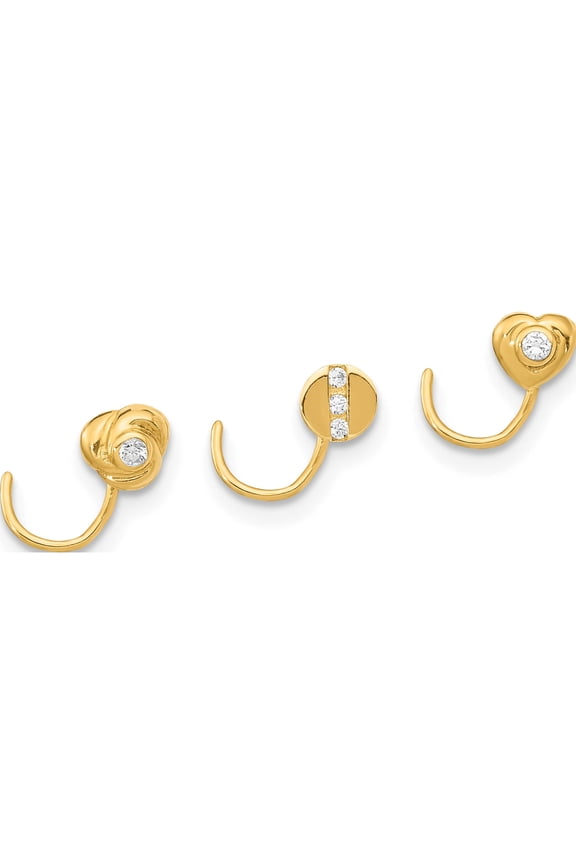 14K Yellow Gold 22 Gauge CZ Heart / Flower / Circle 3-piece Nose Post Set