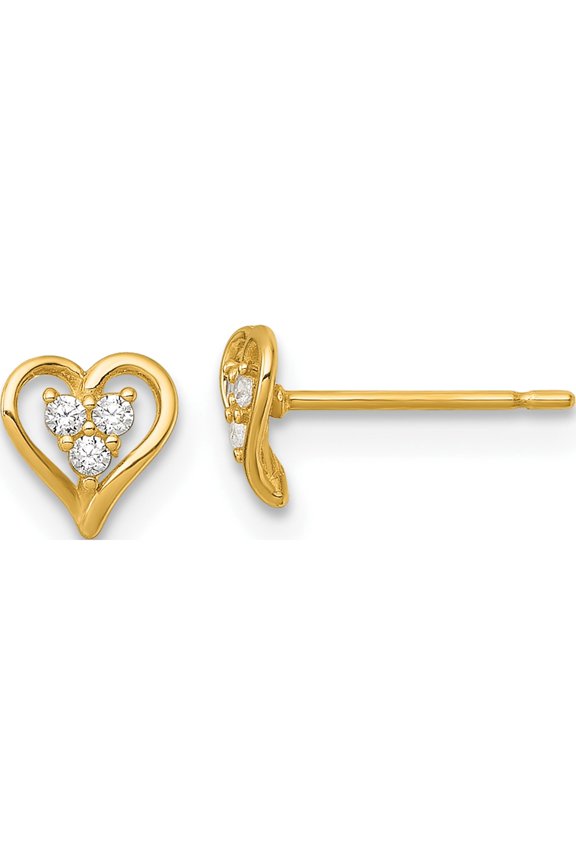 14K Yellow Gold Dazzling, Timeless Cubic Zirconia (Cz) White 6 Polished Three Cz Open Heart Post Earrings