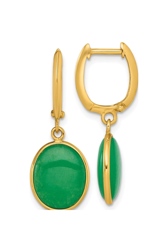 14K Yellow Gold Polished Oval Jade Cabochon Dangle Hinged Hoop Earrings