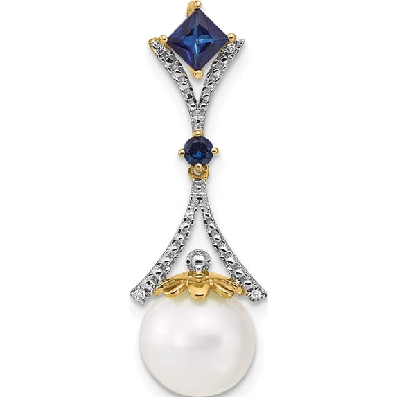 14K Yellow Gold Diamond 8-9mm Round Fwc Pearl/Created Sapphire Chain Slide (28 X 10) Made In India xp4168