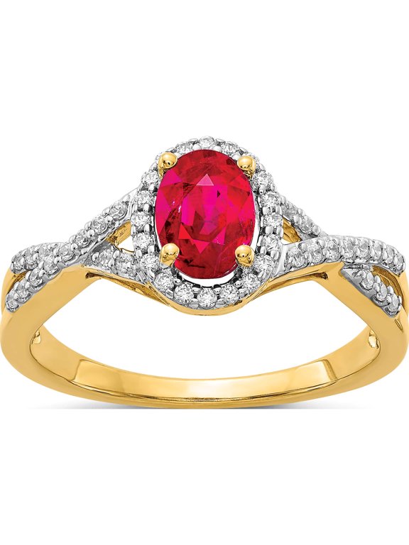 14K Yellow Gold 7x5mm Oval Ruby and 1/5 carat Diamond Halo Ring