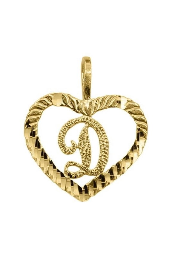 14K Yellow Gold Diamond-Cut Heart-Shaped Initial Letter D Pendant