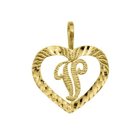 14K Yellow Gold Diamond-Cut Heart-Shaped Initial Letter V Pendant