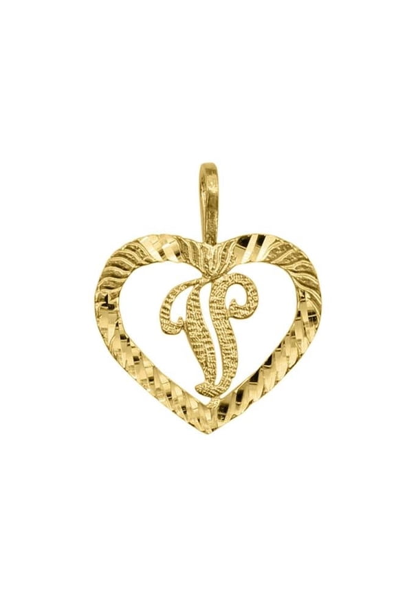 14K Yellow Gold Diamond-Cut Heart-Shaped Initial Letter V Pendant