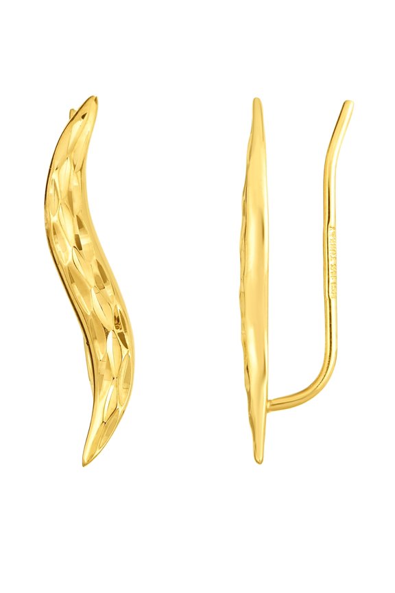 14K Yellow Gold Diamond Cut Leaf Climber Earrings